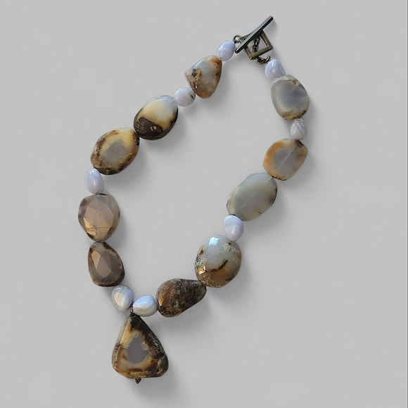 Vintage Jewelry - Natural Polished Stone Rock Slices Heavyweight Vintage Necklace Primitive MCM